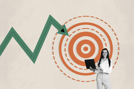 Composite photo collage of happy businesswoman freelancer hold laptop arrow point target goal...