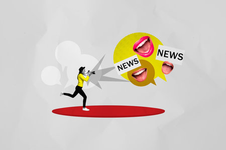 Composite photo collage of happy girl paparazzi run cadre mouth speak like gossip fake news propaganda isolated on painted backgroundの写真素材