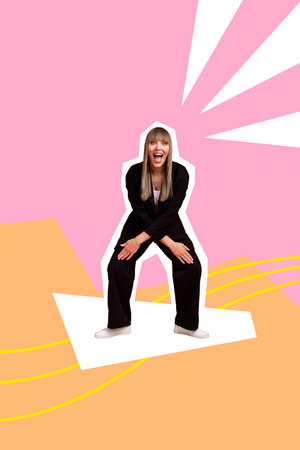 Composite collage image of blonde funny girl dancing have fun enjoy discotheque unusual fantasy billboard comicsの写真素材