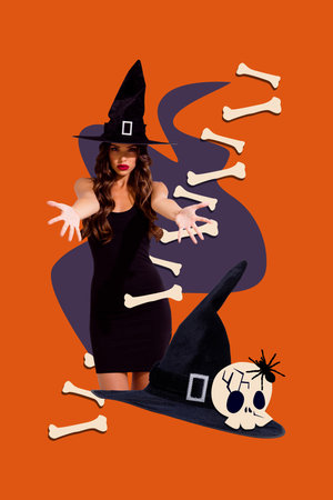 Vertical photo collage of sexy woman witch enchantress do magic skull bones spider halloween holiday isolated on painted backgroundの写真素材