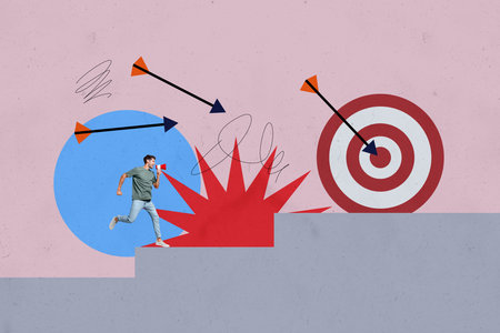 Composite photo collage of businessman scream megaphone arrow darts target determination run stairs aim isolated on painted backgroundの写真素材