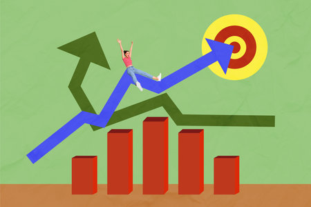 Composite photo collage of happy girl ride success arrow development chart statistics target goal progress isolated on painted backgroundの写真素材