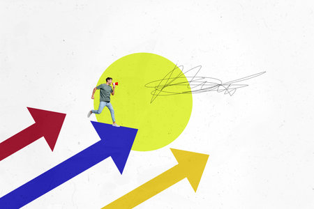 Composite photo collage of businessman scream megaphone run success growth career arrow statistics isolated on painted backgroundの写真素材