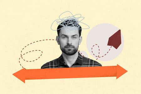 Creative picture collage young man mind mess drawing doodles arrow direction way route airplane...