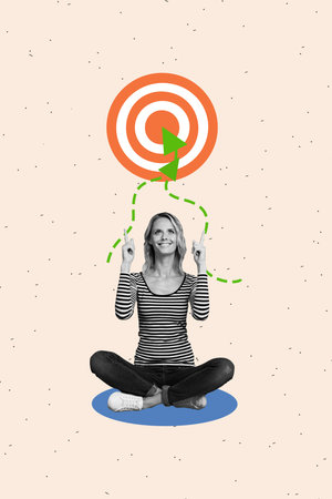 Vertical poster collage young woman showing up gesture finger pointing aim target goal inspiration...