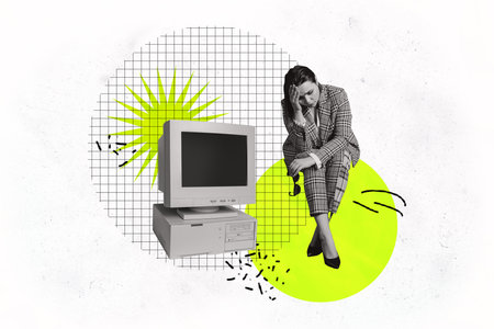 Creative image collage young businesswoman boss pc computer monitor checkered background upset unhappy depressed anxietyの写真素材