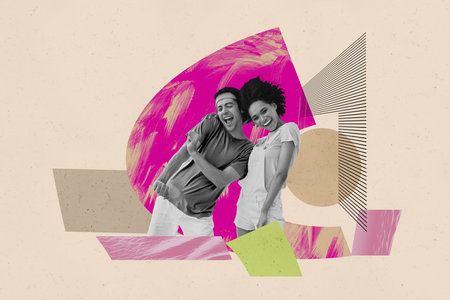 Collage picture young man woman spend time together entertainment leisure cheerful laughter positive mood weekend dance party discoの写真素材