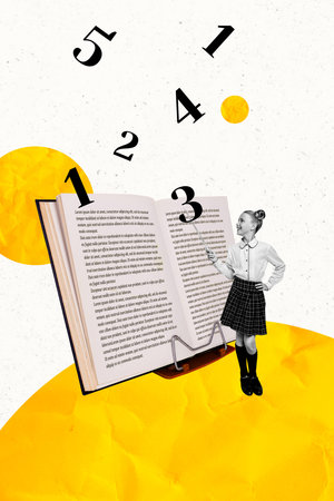 Vertical photo collage of happy schoolgirl hold pointer show textbook numbers literature subject lesson isolated on painted backgroundの写真素材
