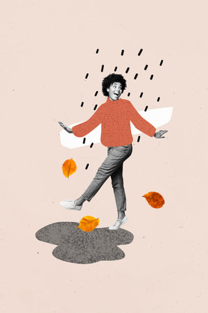 Composite trend artwork sketch image photo collage of miniature young lady smile walk street puddle leaves autumn season rainy weatherの写真素材