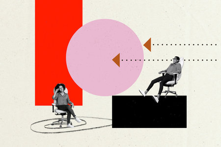 Creative photo collage picture young colleagues business workers office armchair circle platform arrow direction achieve goalの写真素材