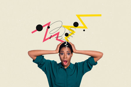 Trend artwork sketch image photo collage of young shocked lady headache brainstorming cracked head...