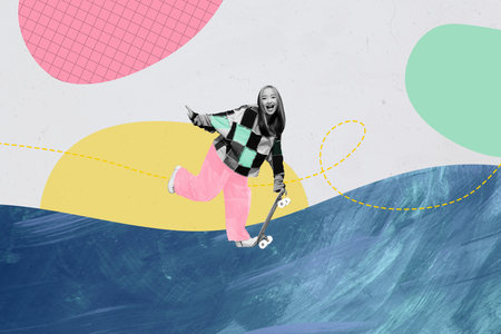 Photo collage composite trend artwork sketch image of outdoors summer season young woman skater ride skateboard way extreme fast energeticの写真素材