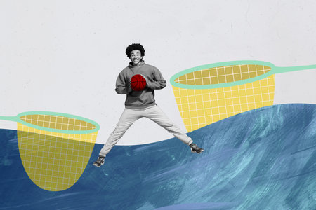 Photo collage composite trend artwork sketch image of outdoors summer season man jump play...