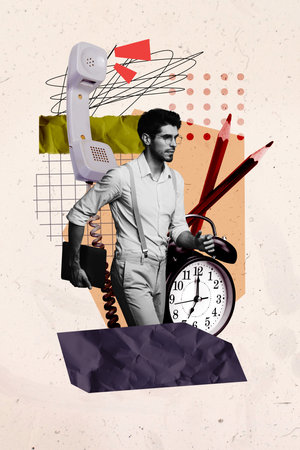 Vertical poster collage young man telephone call ring speech listen deadline alarm arrangement hour miss busy work job supplies pencilの写真素材