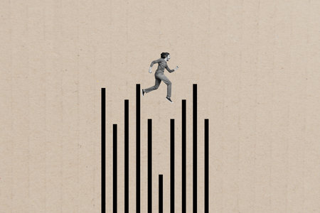 Composite photo collage of happy businessman run promotion chart development progress success path isolated on painted backgroundの写真素材