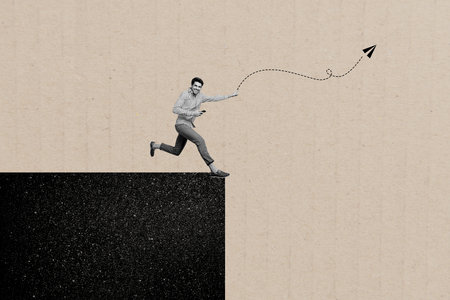 Creative photo collage picture young man run persistence achieve goal aim target flight kite string pointer direction drawing backgroundの写真素材
