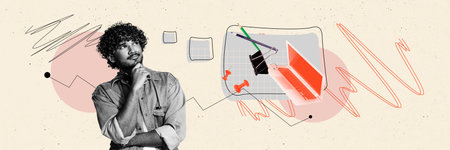 Composite trend artwork 3D sketch photo collage of horizontal panorama young guy think mind...