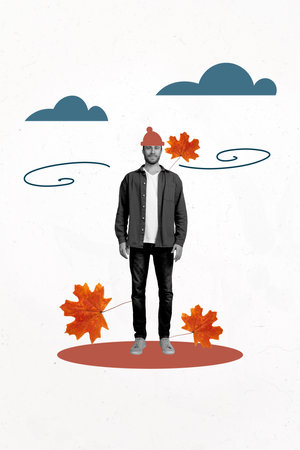 Composite trend artwork image collage of copyspace autumn leaves season weather outdoors nature young guy stand fashion style wind cloudsの写真素材