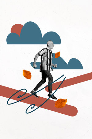 Composite trend artwork image collage of copyspace autumn leaves season weather outdoors nature aged man walk down line wind clouds