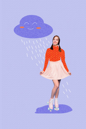 Vertical photo collage of happy girl wear roller skates stand puddle autumn weather cyclone smiley cloud rain isolated on painted backgroundの写真素材