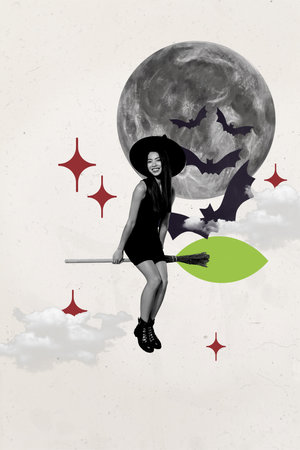Vertical photo collage of happy witch girl sit broom autumn halloween party masquerade moon flash bats isolated on painted backgroundの写真素材