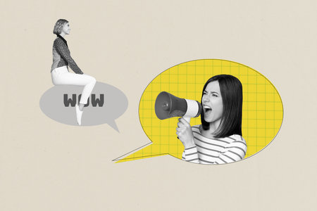 Creative collage young woman boss announce information bullhorn yell scream textbox wow astonished reply message quote speechの写真素材