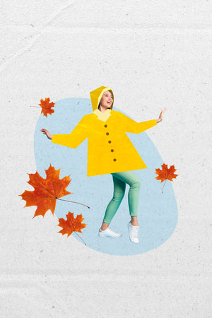 Vertical photo collage of happy girl wear protective raincoat autumn season walk maple leaves dry decor isolated on painted backgroundの写真素材