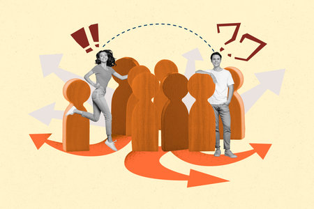 Creative collage picture young man woman direction choose decide arrows way path group profile...
