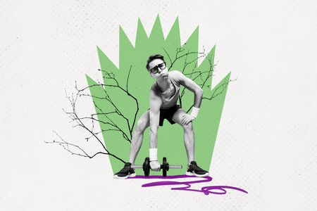 Composite photo collage of serious young sportsman pump biceps hold heavy dumbbell effort bodybuilding isolated on painted backgroundの写真素材