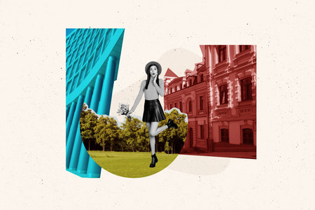 Creative collage young shocked woman flowers bouquet traveler excursion sightseeings city town...