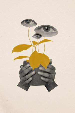 Artwork collage of arms holding flowerpot human eyes looking watching searching isolated on drawing color backgroundの写真素材