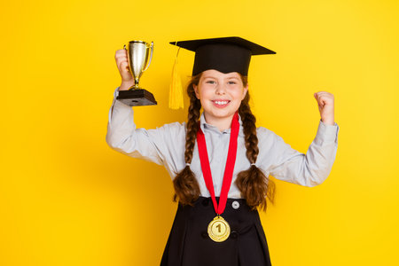 Portrait of little schoolchild girl mortarboard trophy wear uniform isolated on yellow color...
