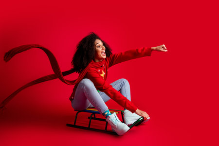 Photo of optimistic cheerful nice girl wear ugly print pullover have fun sit sleigh empty space...