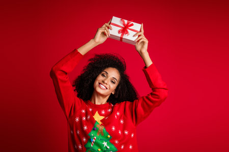 Photo of charming lovely girl wear stylish ugly ornament sweater christmas festive sale isolated on red color backgroundの写真素材