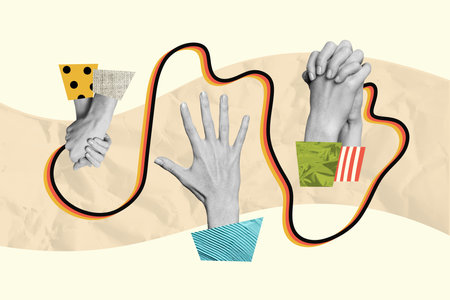 Composite photo collage of people hand shake gesture love together family holiday alone palm loneliness isolated on painted backgroundの写真素材