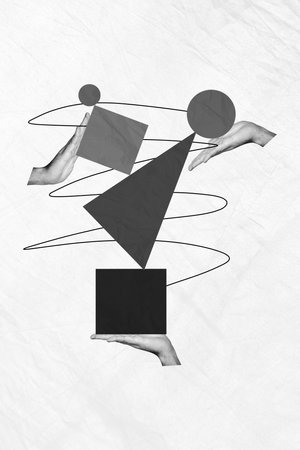 Composite trend artwork sketch image photo collage of monochrome picture young person hand appear hold triangle square circle pyramidの写真素材