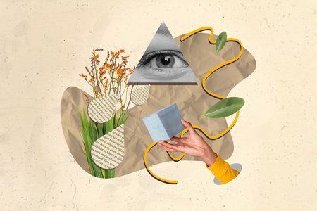Composite photo collage of upset cry female eye wrong spring holiday gift flowers bloom ruined day present isolated on painted backgroundの写真素材