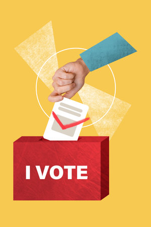 Vertical photo collage of hand hold ballot card box election vote checkmark confirmation sign candidate isolated on painted backgroundの写真素材