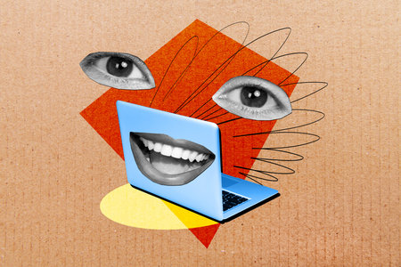 Composite trend artwork 3D sketch image photo collage of caricature abstract face huge eyes mouth lips smile work laptop remote distanceの写真素材