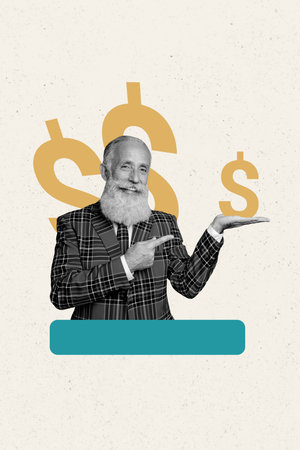 Vertical collage picture elder retired man palm hand dollars money finance point show gesture drawing background currency marketの写真素材