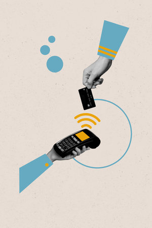 Vertical image collage human hands credit card bank transfer payment nfc contactless signal terminal digital device storeの写真素材