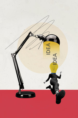 Composite trend artwork sketch image photo collage of monochrome young lady walk step lamp cloud idea head solution genius startupの写真素材