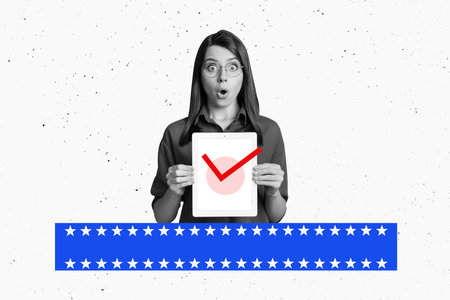 Composite photo collage of astonished girl hold ereader checkmark screen approval ballot election sign isolated on painted backgroundの写真素材