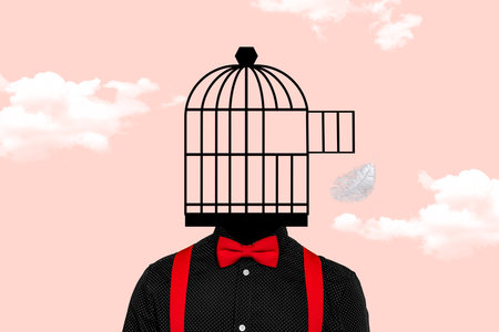 Trend artwork sketch image photo collage of sky heaven clouds portrait young man stand caricature headless open cage mind think prisonerの写真素材