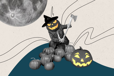 Composite photo collage of anonym man instead head carves jack pumpkin hold ax serial murderer halloween isolated on painted backgroundの写真素材