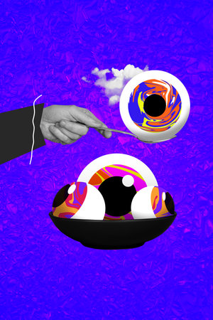 Vertical composite collage image picture of arm hold spoon big eyeball isolated on creative backgroundの写真素材