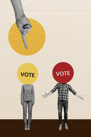 Composite trend artwork 3D sketch image photo collage of vote election politics president government hand hold blank put box man headlessの写真素材