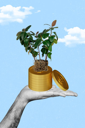Trend artwork sketch image composite collage of business graphics trader earnings cash hand hold pile golden coins grow flower domesticの写真素材