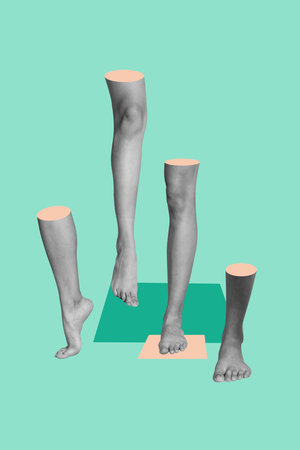 Creative trend collage of beautiful female legs shopping depilation spa salon cosmetology weird freak bizarre unusual fantasyの写真素材