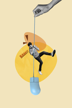 Vertical photo collage of scared man hang mouse wire desktop tool hand hold technology addiction isolated on painted backgroundの写真素材